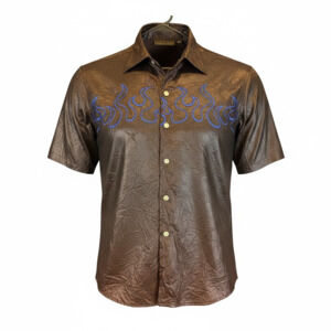 Vintage Johnny Suede Metallic Brown Short Sleeve Button-Up Shirt with Blue Flame